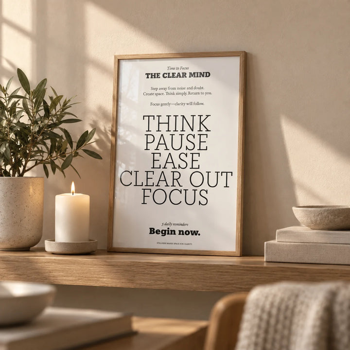Inspirational Quotes for Office Wall, a small A4 framed print leaning on an oak shelf in a living room