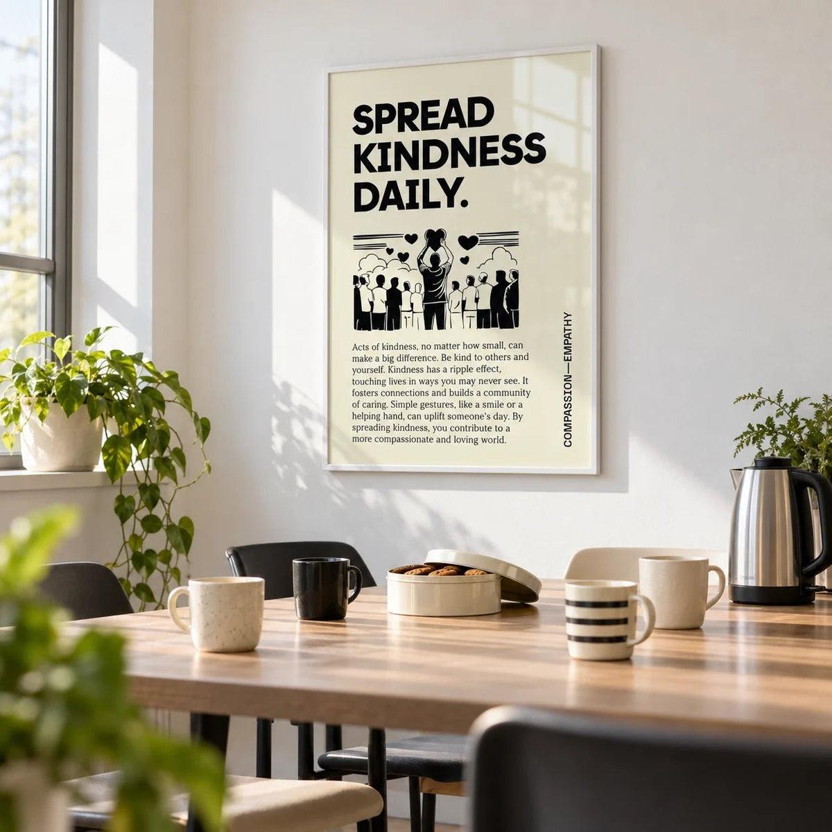 Inspirational Quotes Posters, framed on the wall of a bright community centre staff room with a white wall