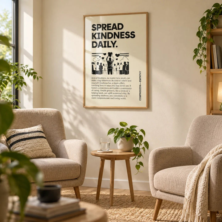 Inspirational Quotes Posters, framed on the wall of a calm counselling room in a home practice with a cream wall in a living room