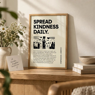 Inspirational Quotes Posters, a small A4 framed print leaning on an oak shelf in a living room