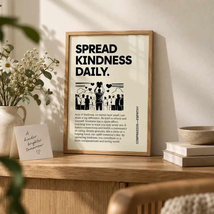 Inspirational Quotes Posters, a small A4 framed print leaning on an oak shelf in a living room