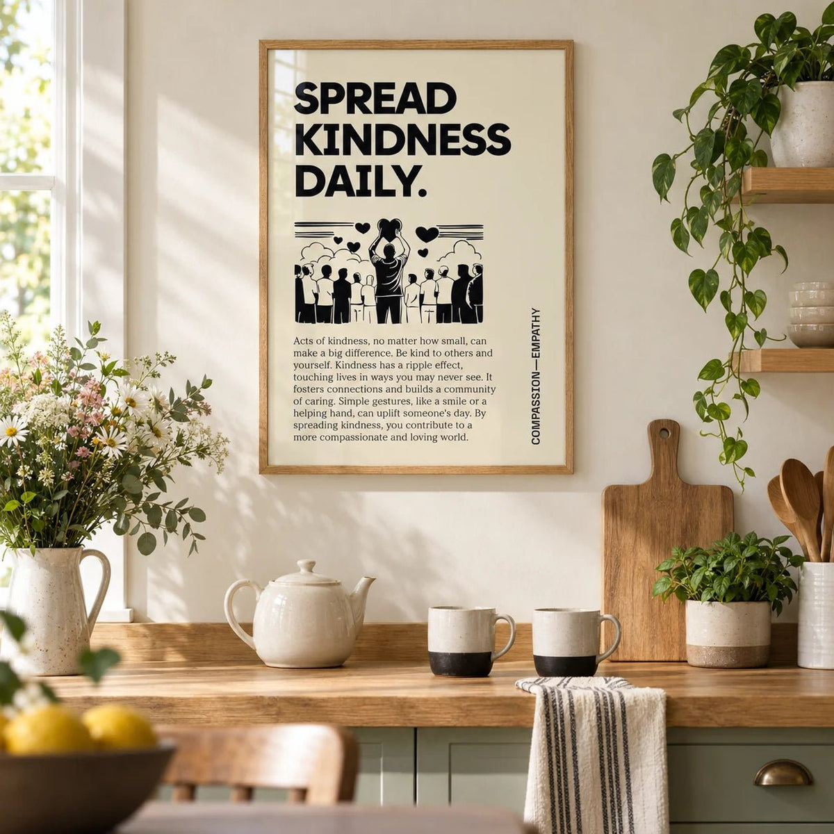 Inspirational Quotes Posters, framed on the wall of a warm family kitchen with a cream wall