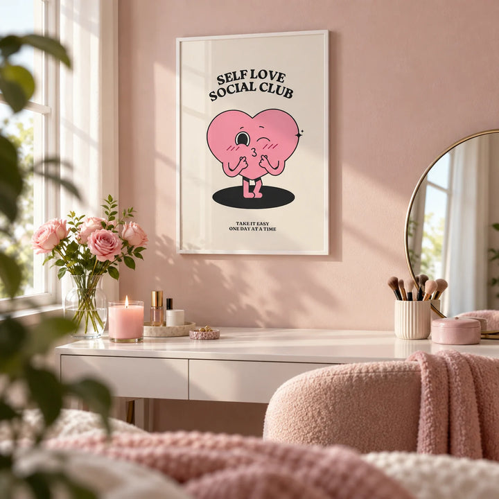 Inspirational Quotes Wall Decor, framed on the wall of a young woman's dressing corner with a pale pink wall