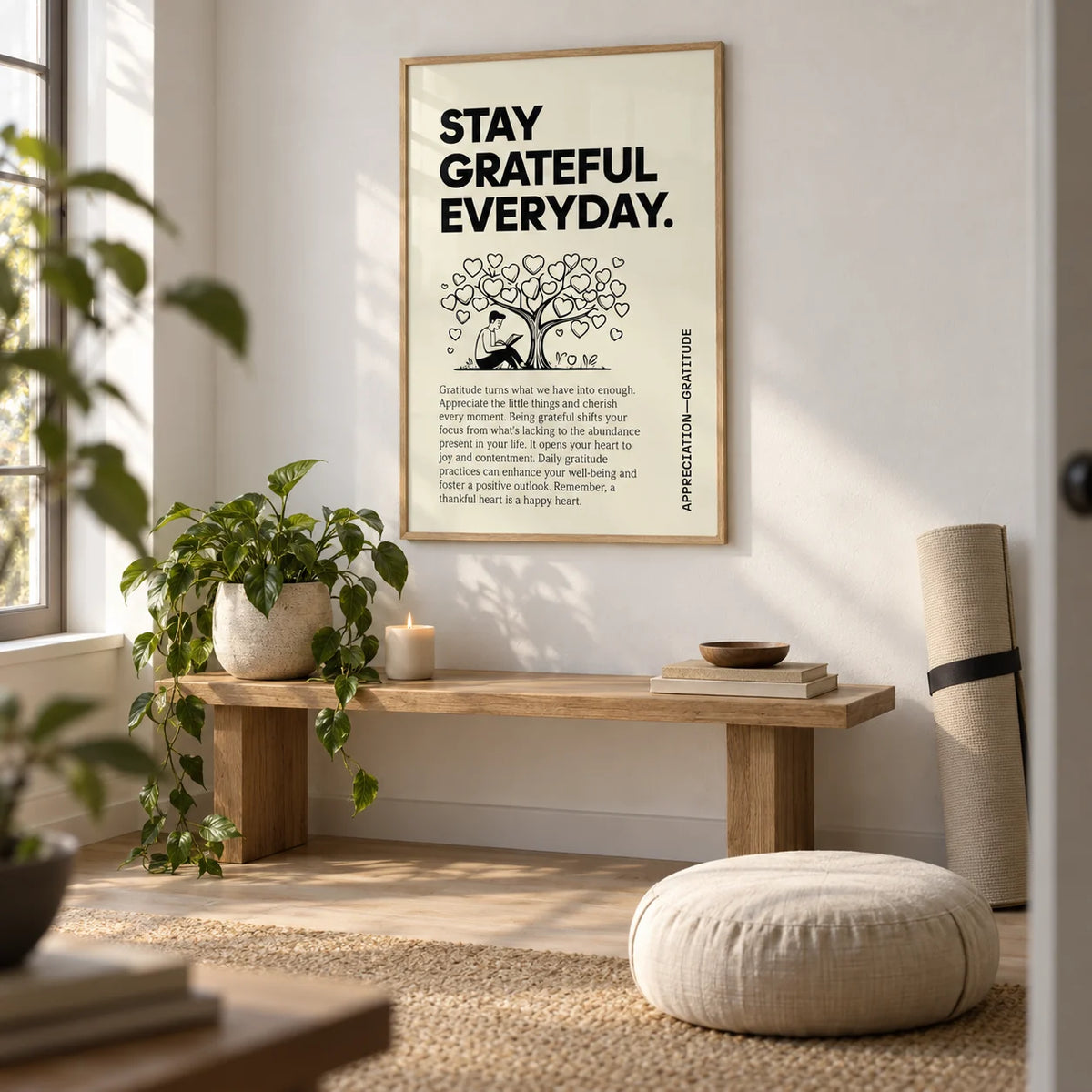 Inspirational Sayings Posters, framed on the wall of a calm meditation corner in a spare room with a white wall and a pale oak floor
