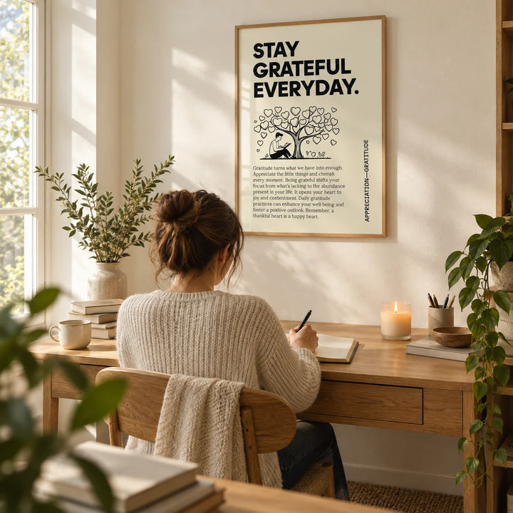 Inspirational Sayings Posters, framed on the wall of a quiet writing desk by a window with a cream wall