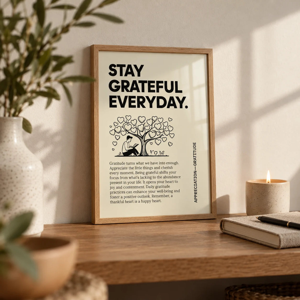 Inspirational Sayings Posters, a small A4 framed print leaning on an oak shelf in a living room