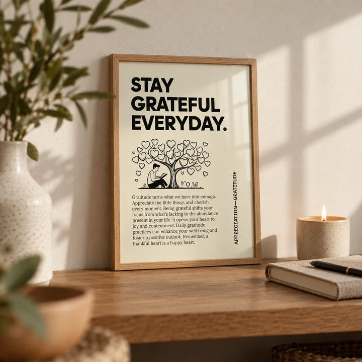 Inspirational Sayings Posters, a small A4 framed print leaning on an oak shelf in a living room