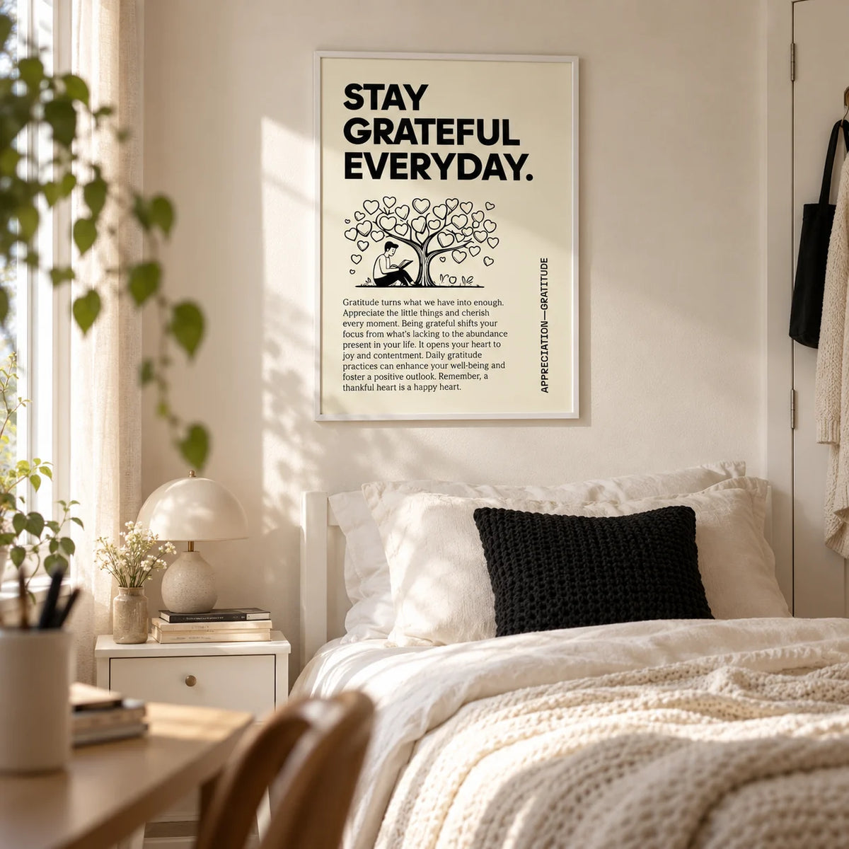 Inspirational Sayings Posters, framed on the wall of a soft teenage girl's bedroom (14-17) with a cream wall
