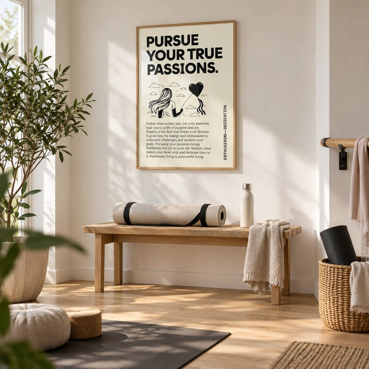 Inspirational Wall Art, framed on the wall of a bright yoga and dance corner in a spare room with a white wall and a pale oak floor