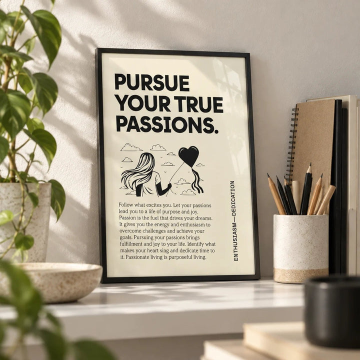 Inspirational Wall Art, a small A4 framed print leaning on a white shelf in a living room