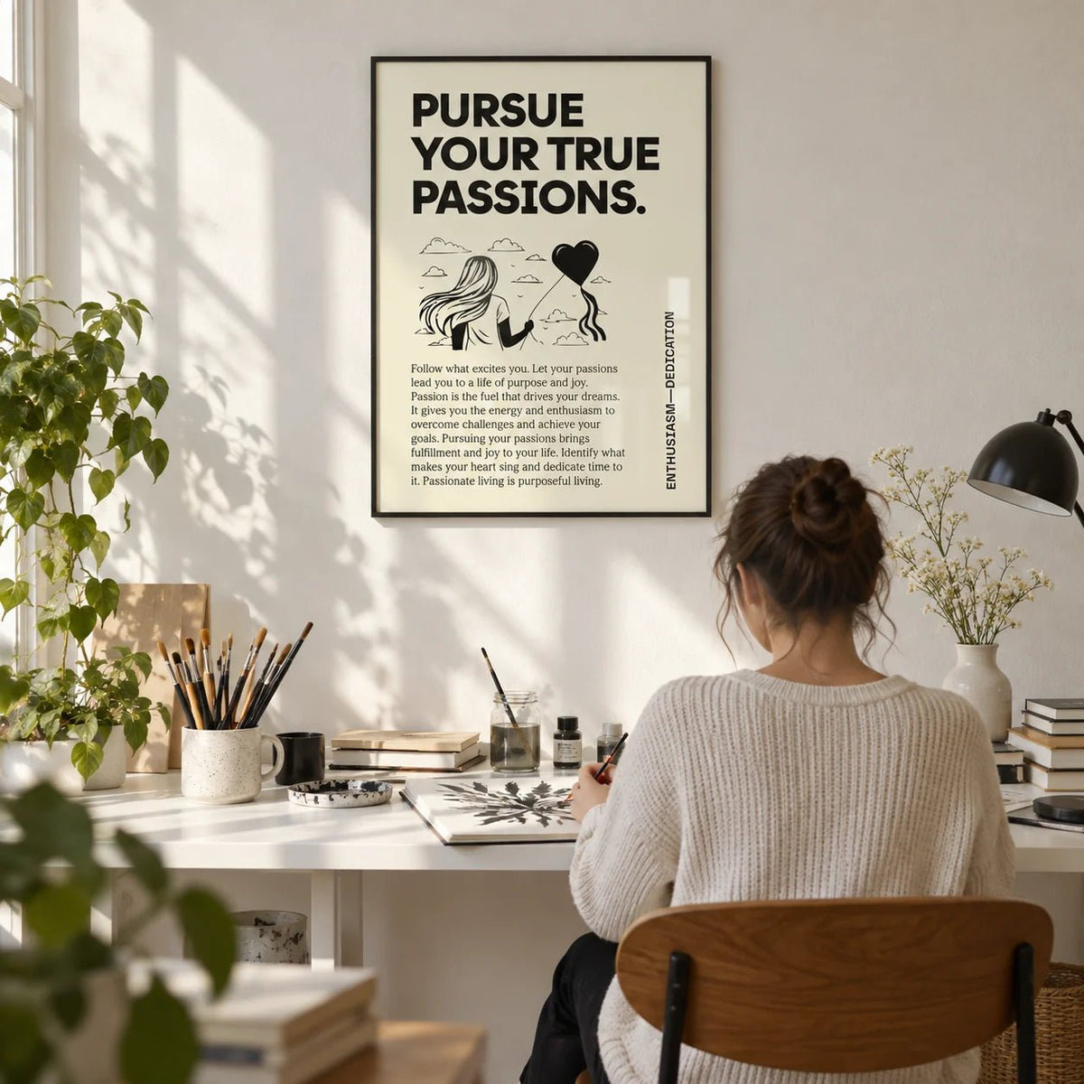 Inspirational Wall Art, framed on the wall of a small creative home studio with a white wall in a home office