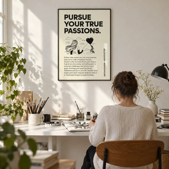 Inspirational Wall Art, framed on the wall of a small creative home studio with a white wall in a home office