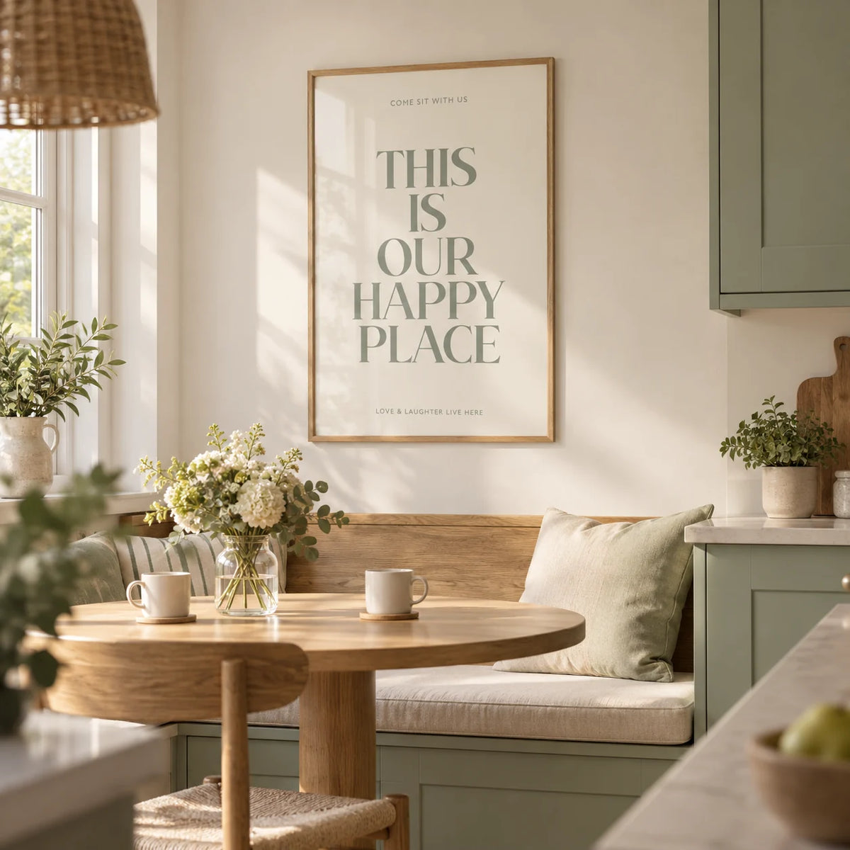 Inspirational Wall Sign, framed on the wall of a bright kitchen breakfast nook in a UK family home with warm white walls and plain sage green cabinets
