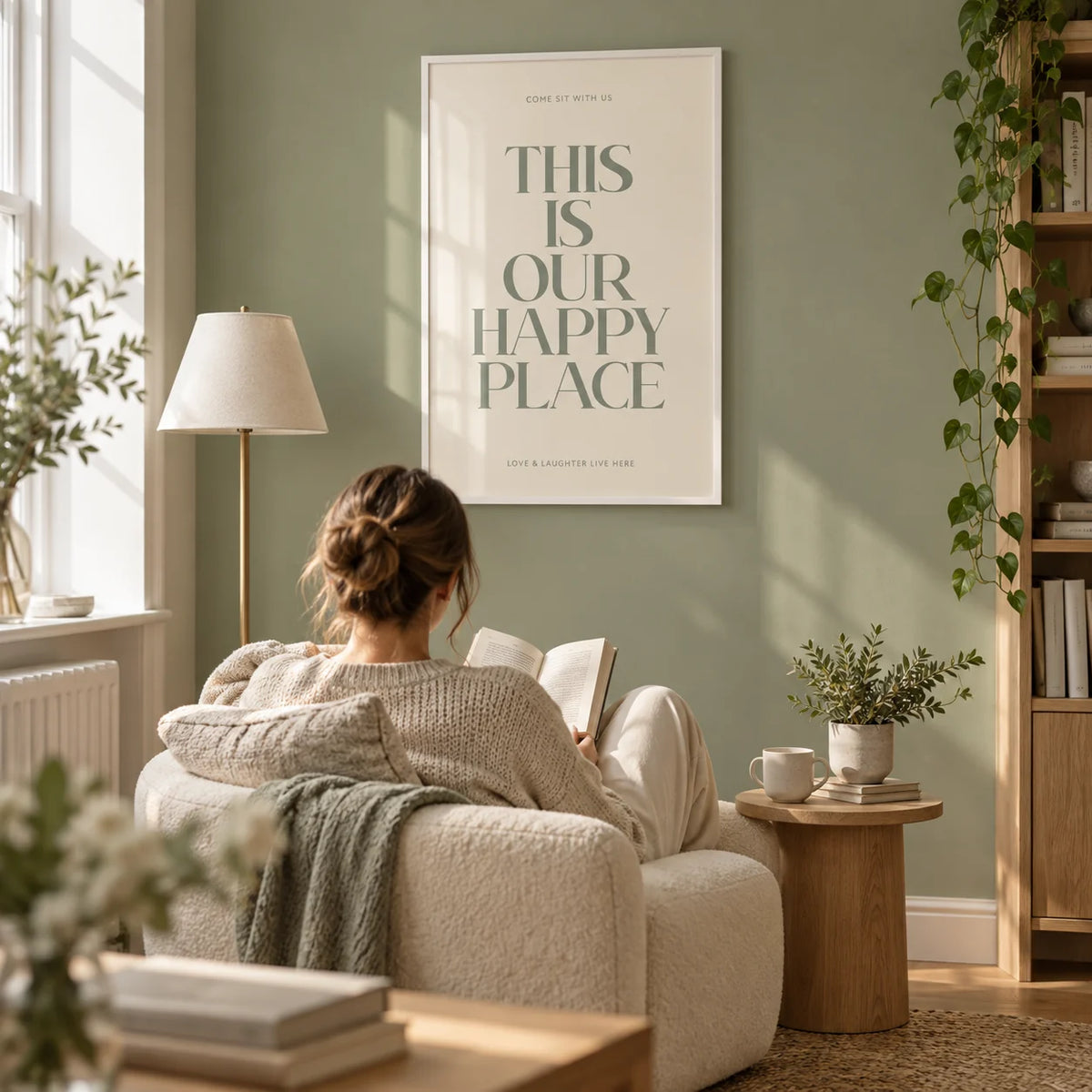 Inspirational Wall Sign, framed on the wall of a quiet reading corner in a UK flat with a muted sage green wall in a living room