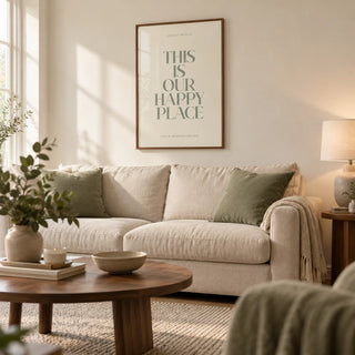 Inspirational Wall Sign, framed on the wall of a relaxed contemporary living room in a UK first home for a couple (25-35)