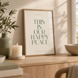 Inspirational Wall Sign, a small A4 framed print leaning on a pale oak sideboard in a living room