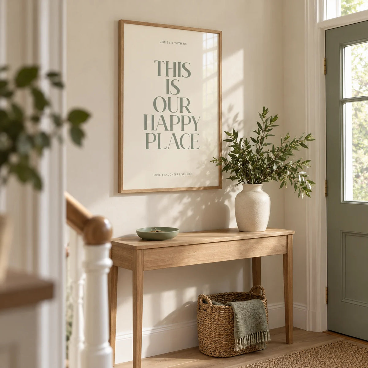 Inspirational Wall Sign, framed on the wall of a welcoming hallway in a renovated UK semi-detached home with cream walls and pale oak floorboards