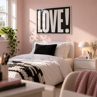 Inspired Posters, framed on the wall of a stylish single bedroom for a teenage girl (14-17) with a pale pink wall