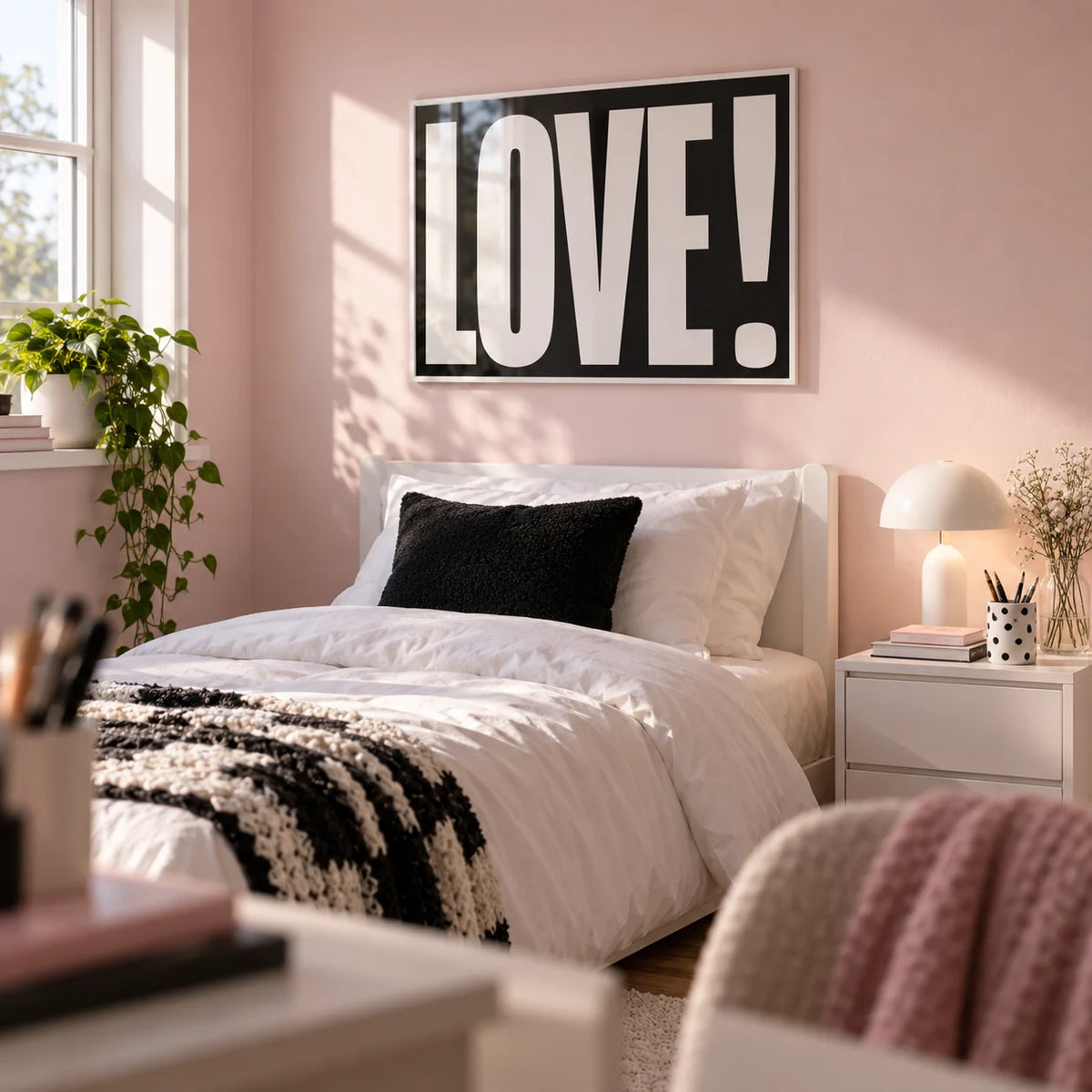 Inspired Posters, framed on the wall of a stylish single bedroom for a teenage girl (14-17) with a pale pink wall