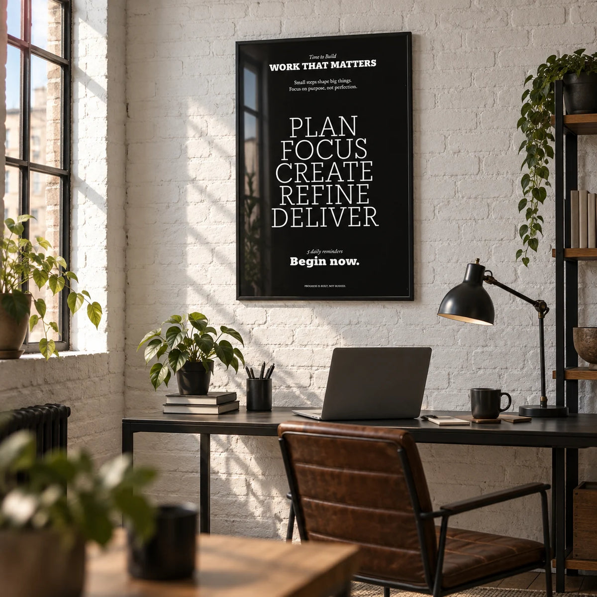 Inspiring Wall Decor, framed on the wall of a loft-style office with an exposed brick wall painted white