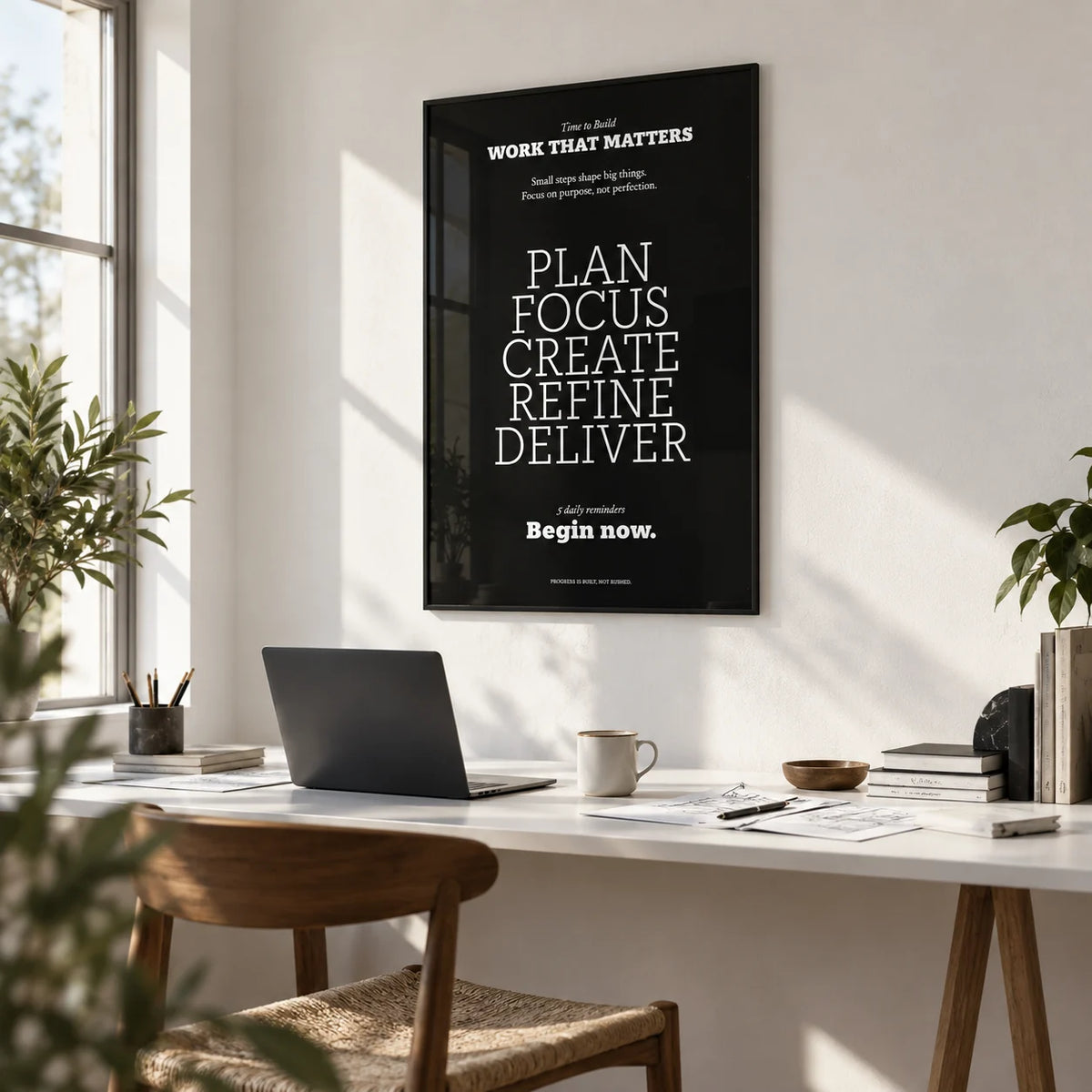 Inspiring Wall Decor, framed on the wall of a small business studio with white walls in a home office