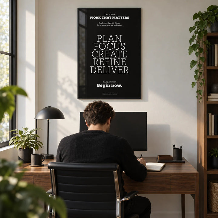 Inspiring Wall Decor, framed on the wall of a smart home office