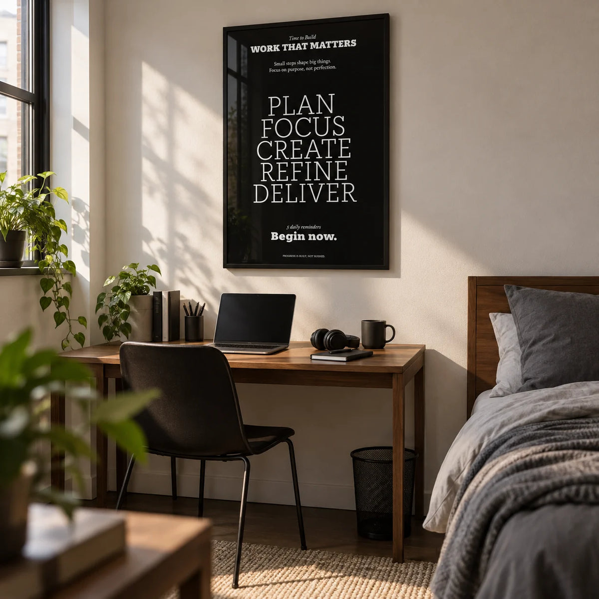 Inspiring Wall Decor, framed on the wall of a stylish uni room (18-21) in a bedroom