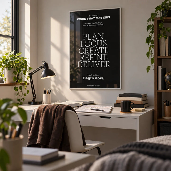 Inspiring Wall Decor, framed on the wall of a teenager's study corner (15-17) in a bedroom