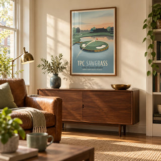 Island Green Golf Wall Art, framed on the wall of a comfortable golf enthusiast's snug in a British terraced house with warm cream walls and a plain woven rug in a living room