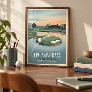 Island Green Golf Wall Art, a small A4 framed print leaning on a walnut desk