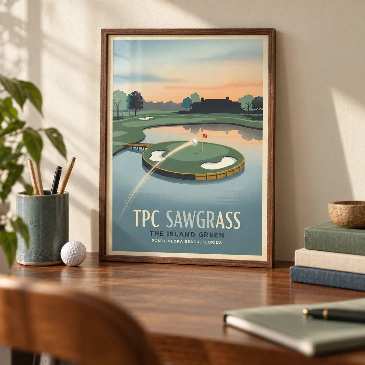 Island Green Golf Wall Art, a small A4 framed print leaning on a walnut desk
