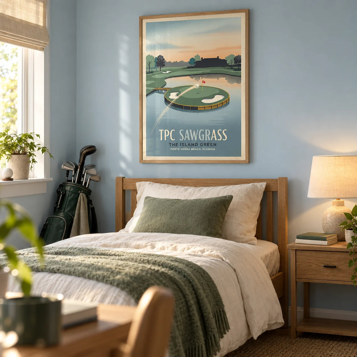 Island Green Golf Wall Art, framed on the wall of a tidy single bedroom for a young adult golf enthusiast (18-25) in a UK family home with pale blue walls