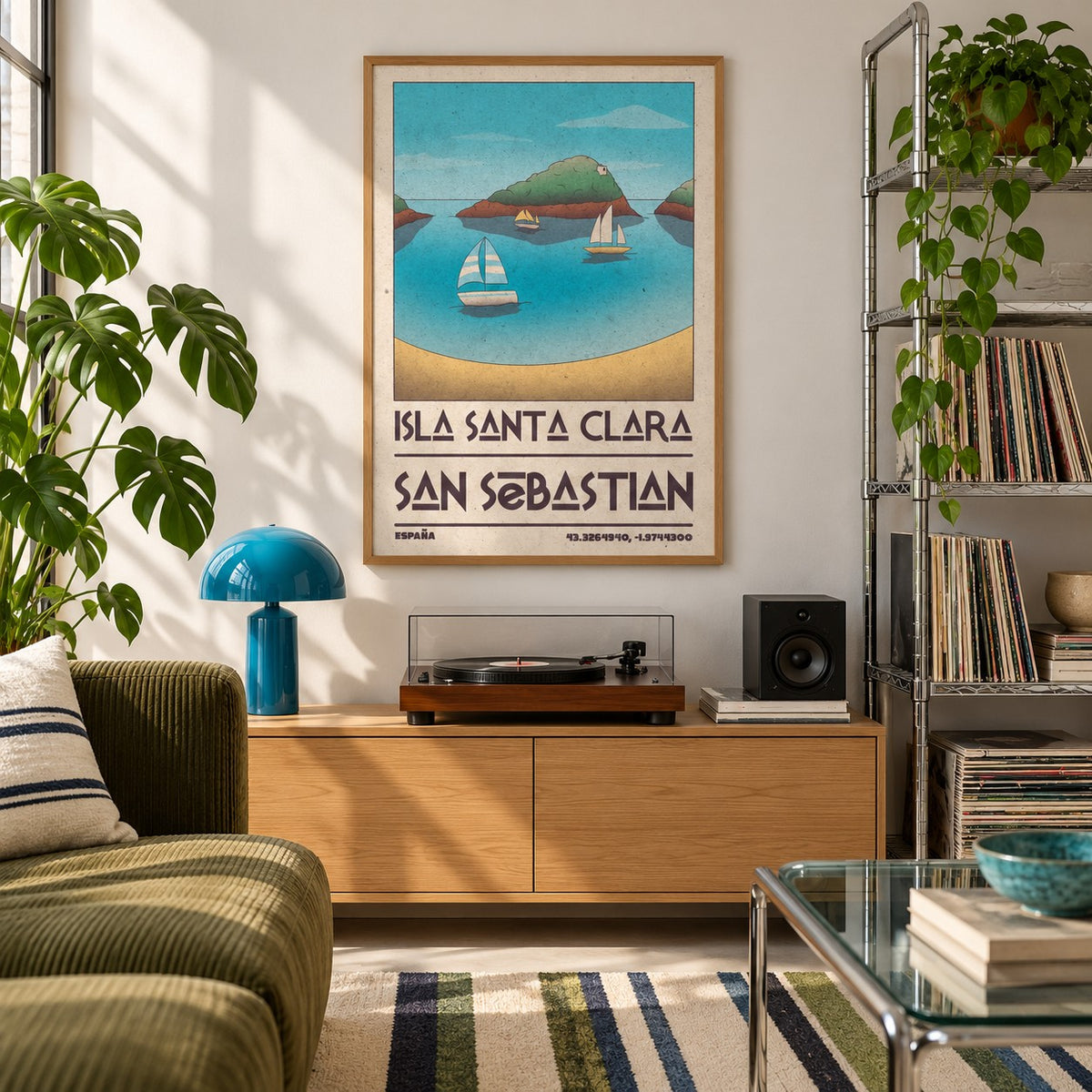 Island Vacation Poster shown in a city apartment record corner (frame not included)