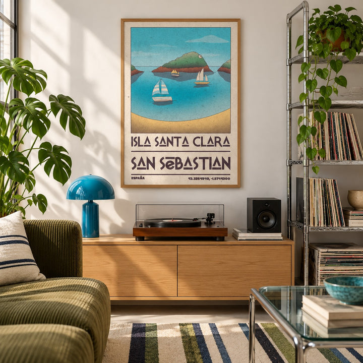 Island Vacation Poster shown in a city apartment record corner (frame not included)