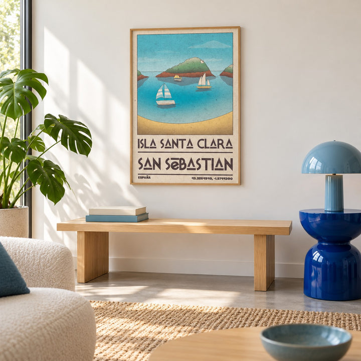 Island Vacation Poster shown in a colourful minimalist living room with a bench (frame not included)
