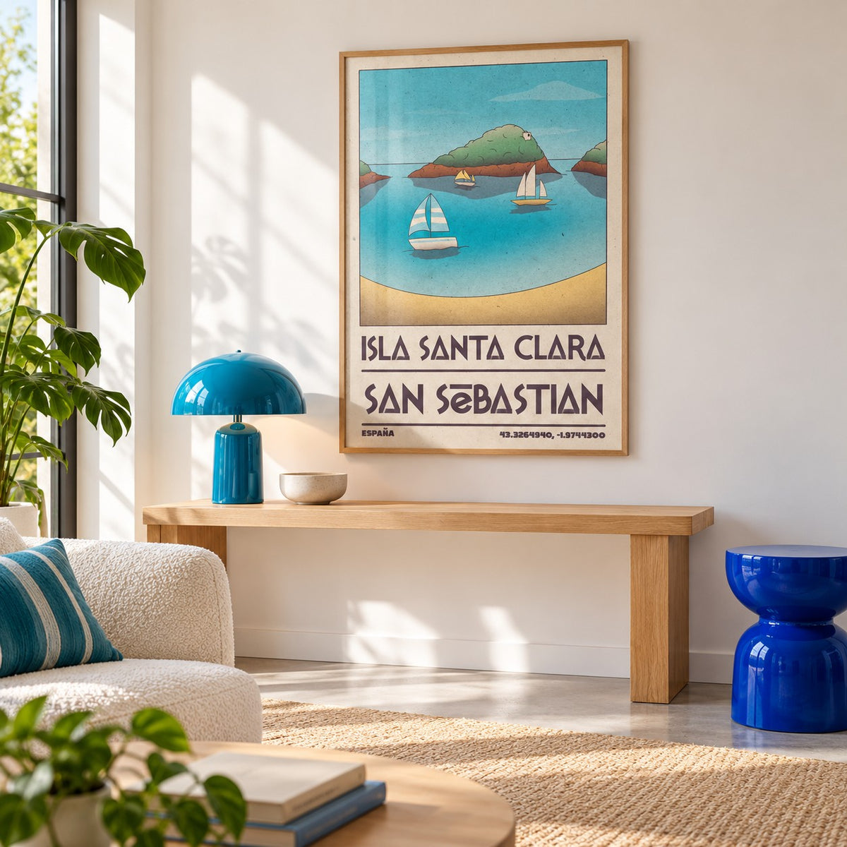 Island Vacation Poster shown in a minimalist living room with an oak console (frame not included)