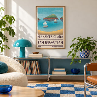 Island Vacation Poster shown in a playful living room with a modular console (frame not included)