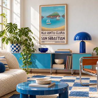 Island Vacation Poster shown in a retro lounge corner (frame not included)