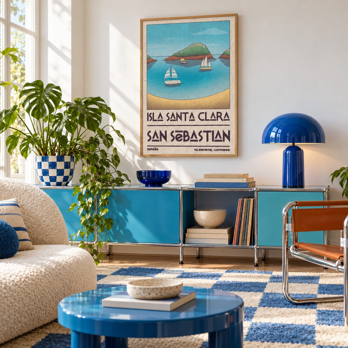 Island Vacation Poster shown in a retro lounge corner (frame not included)