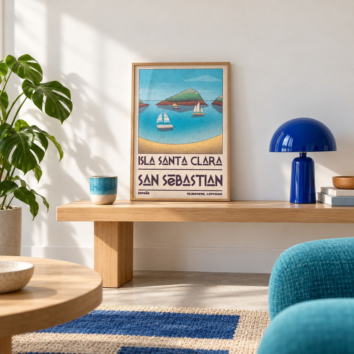 Island Vacation Poster shown in the small A4 size on a styled console (frame not included)