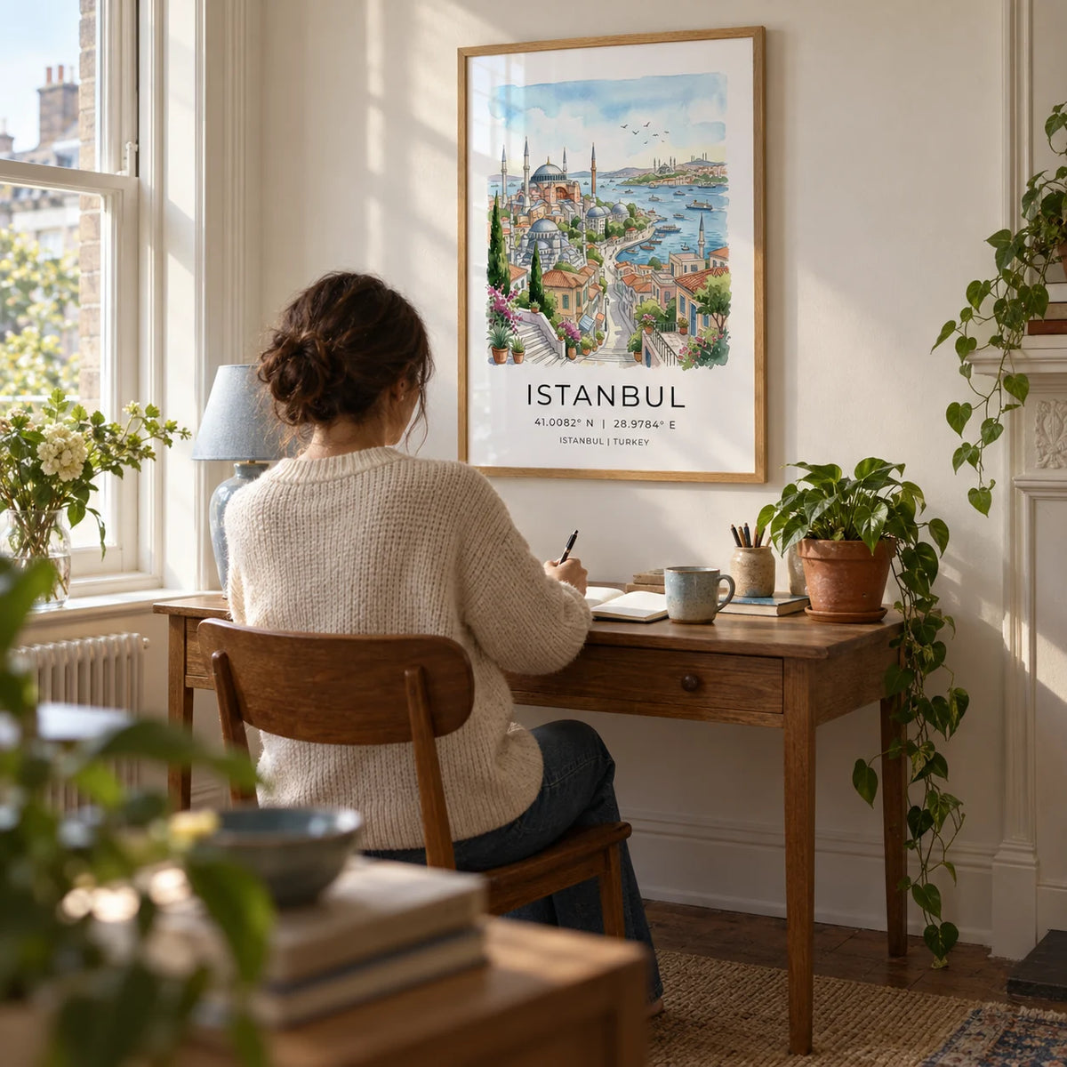 Istanbul Wall Art, framed on the wall of a quiet home study in a UK period flat with a soft white wall and a small oak writing desk