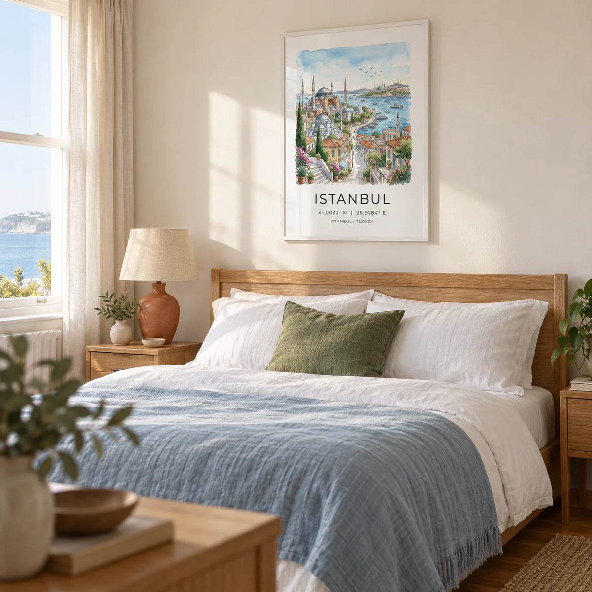 Istanbul Wall Art, framed on the wall of a restful adult bedroom in a UK coastal terrace with a pale cream wall and natural oak furniture