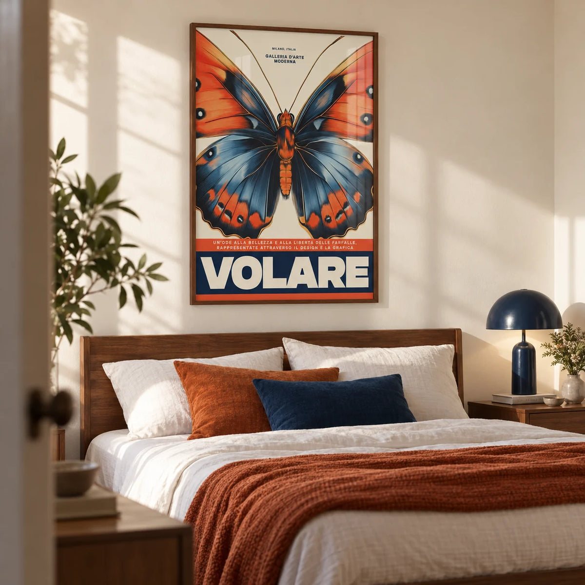 Italian Art Prints, framed on the wall of a calm modern bedroom with a soft cream wall