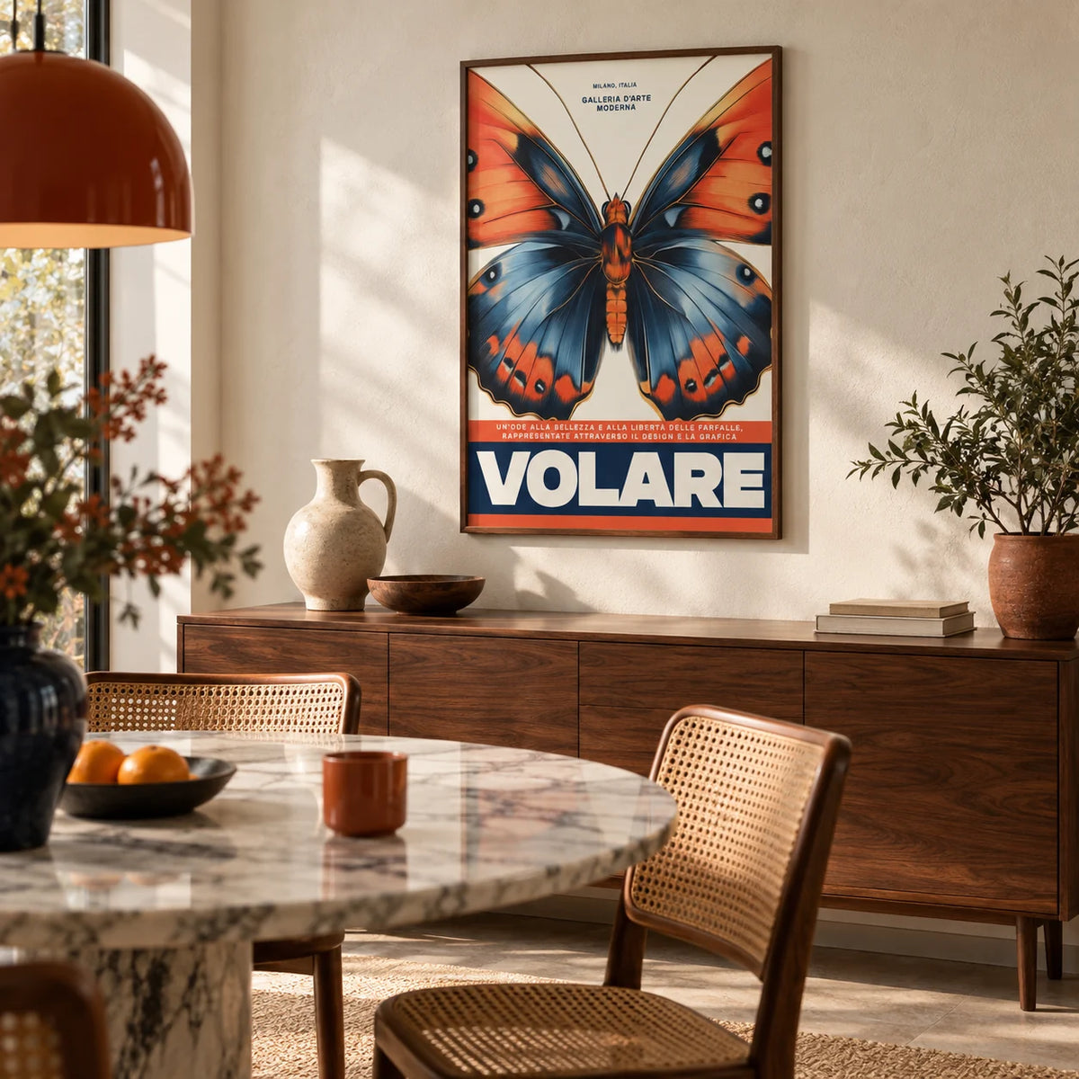 Italian Art Prints, framed on the wall of a modern Italian-style dining room with a cream plaster wall
