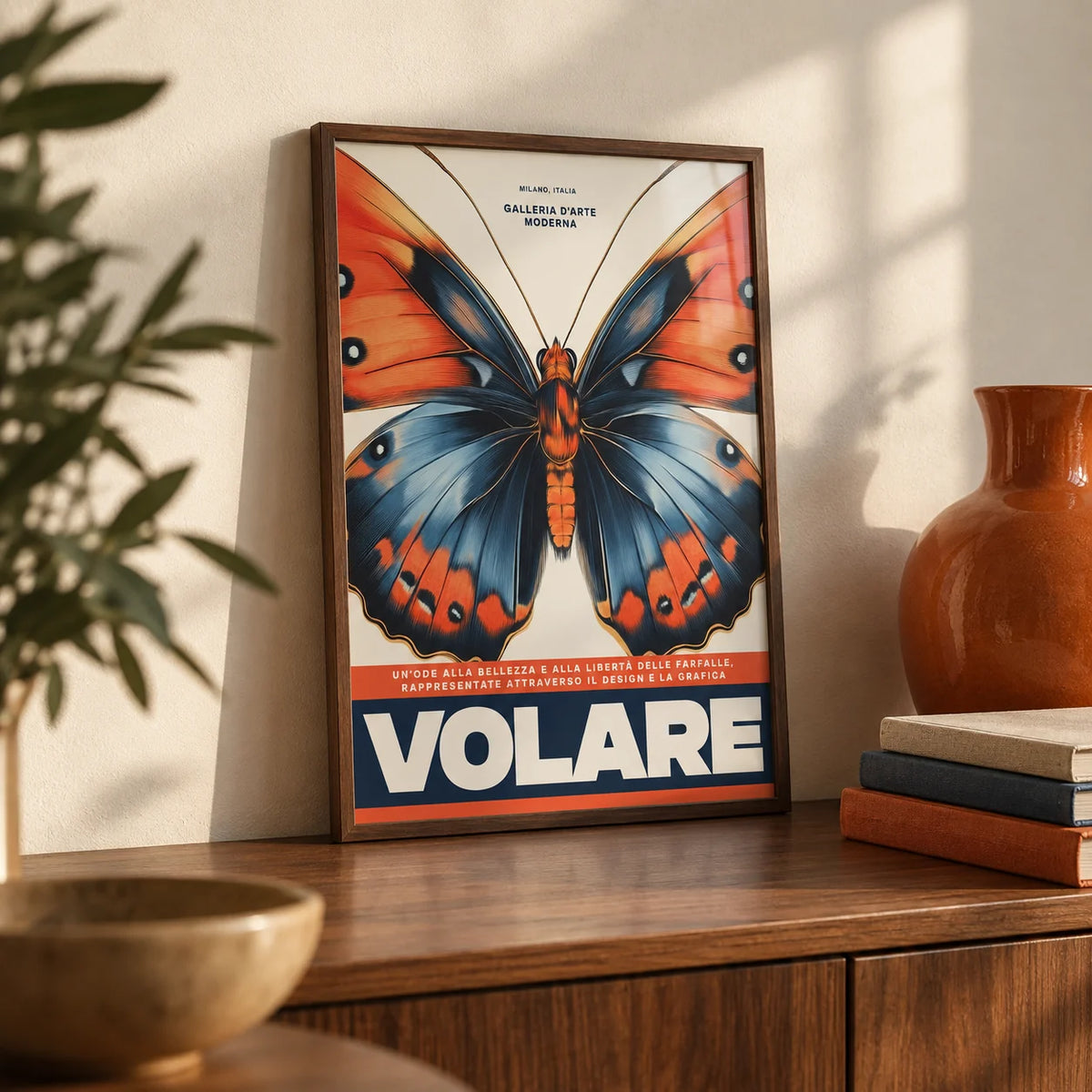 Italian Art Prints, a small A4 framed print leaning on a walnut shelf in a living room