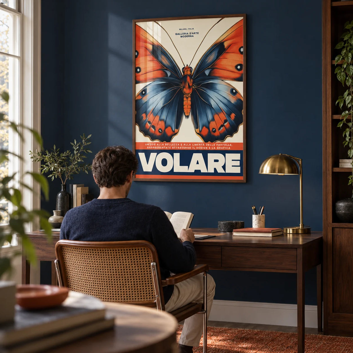 Italian Art Prints, framed on the wall of a stylish study with a navy painted wall