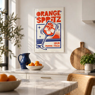 Italian Cocktail Art Print, framed on the wall of a bright modern kitchen with a white wall