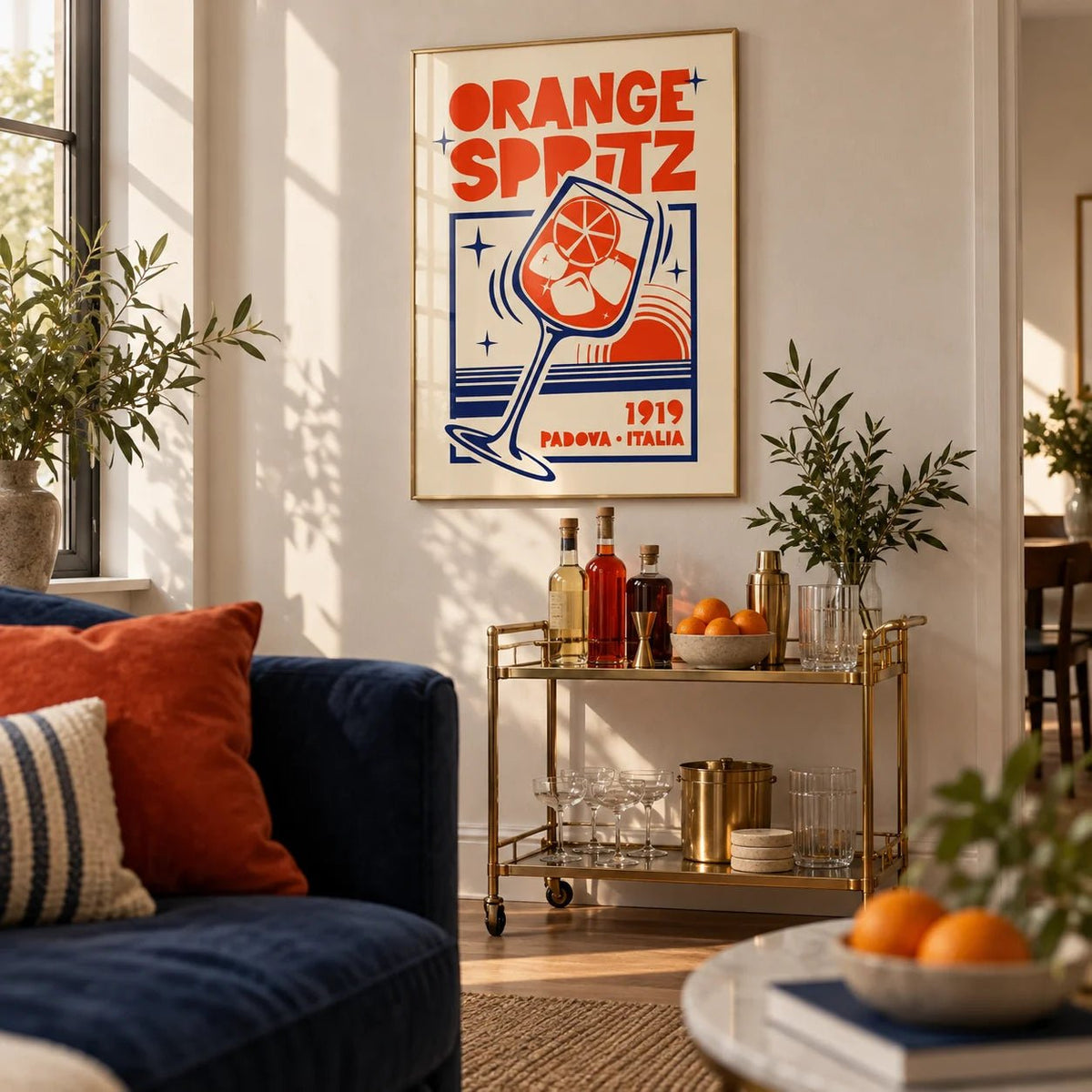 Italian Cocktail Art Print, framed on the wall of a modern living room