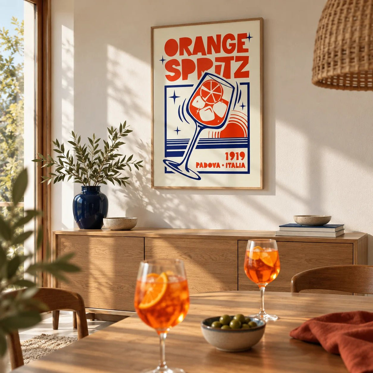 Italian Cocktail Art Print, framed on the wall of a sunny dining room