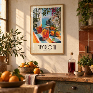 Italian Drink Posters, framed on the wall of a rustic Italian kitchen